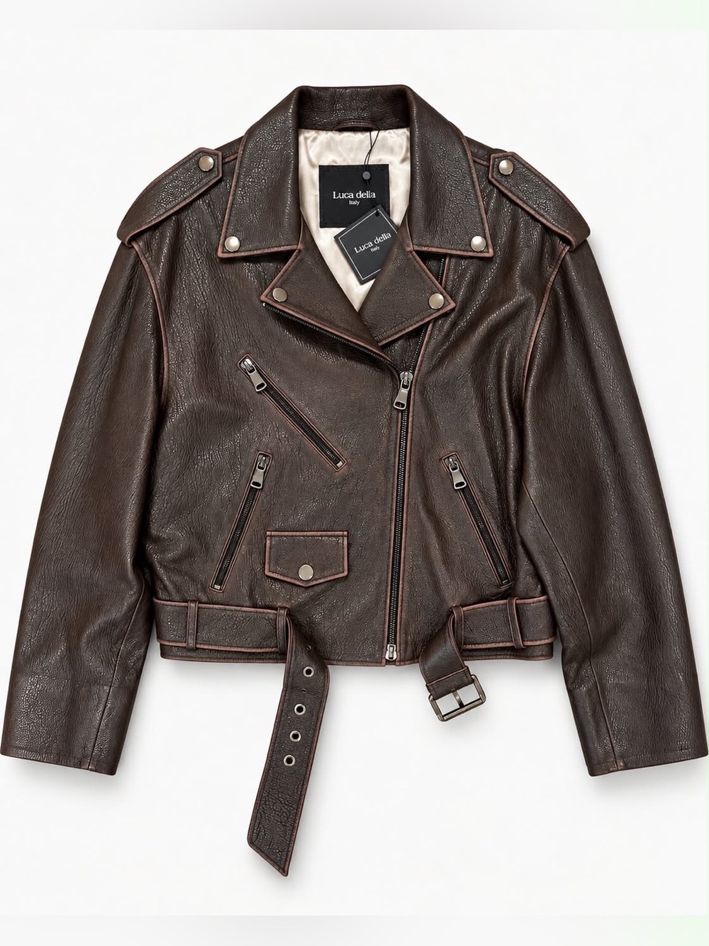 Luca Della Italy Women’s Brown Faux Leather Motorcycle Biker Jacket Belted